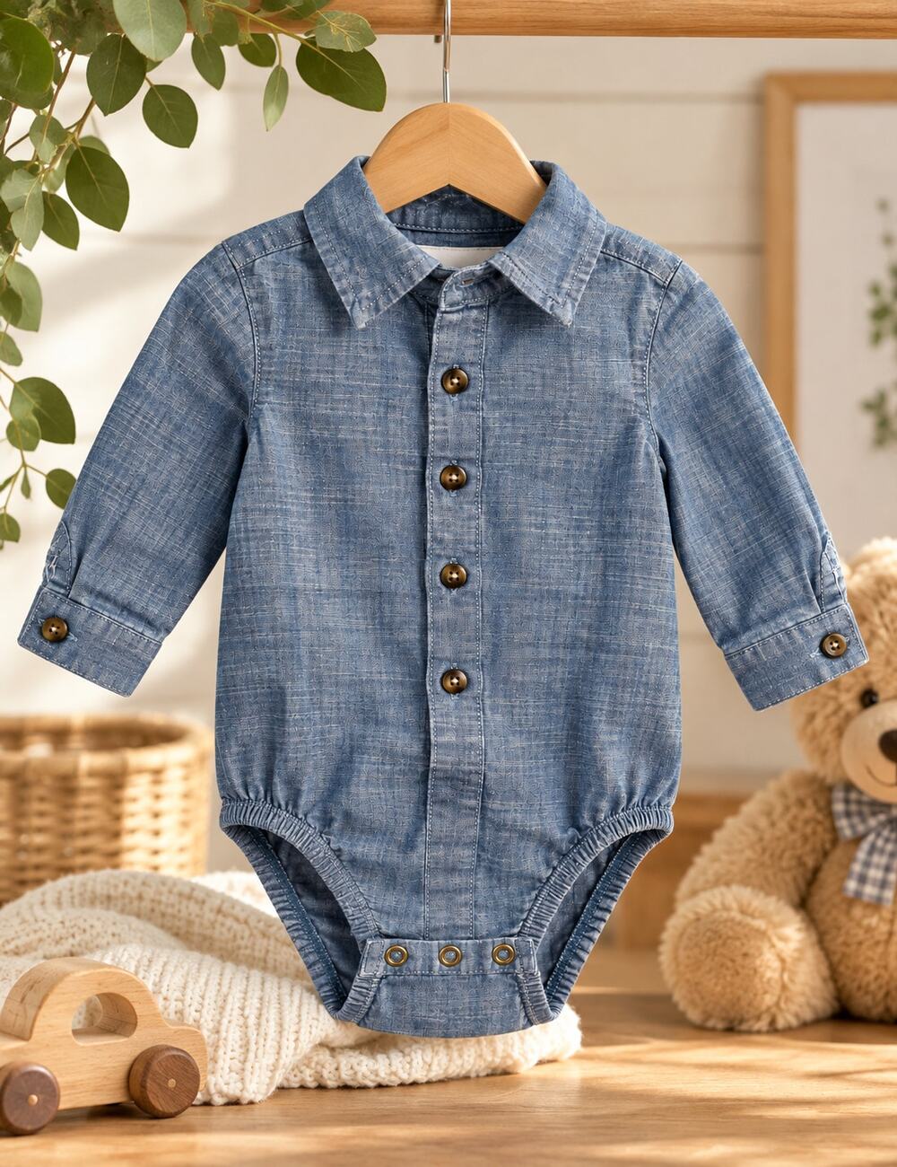 Cat & Jack Baby Boys 6-9M Chambray Denim Button-Up Long Sleeve Bodysuit